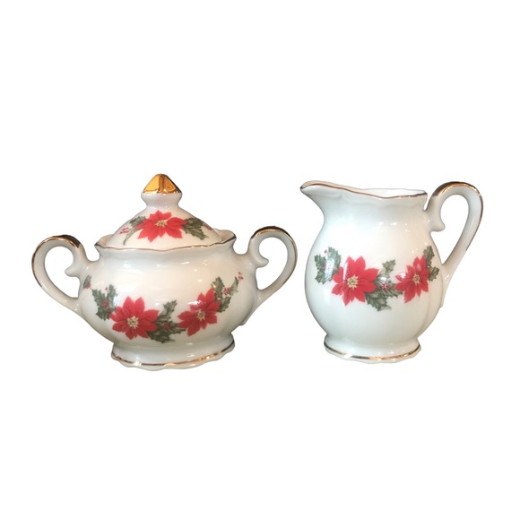 Lefton 5 piece Teapot Coffee Set Sugar Creamer Christmas Poinsettia Flowers 1987